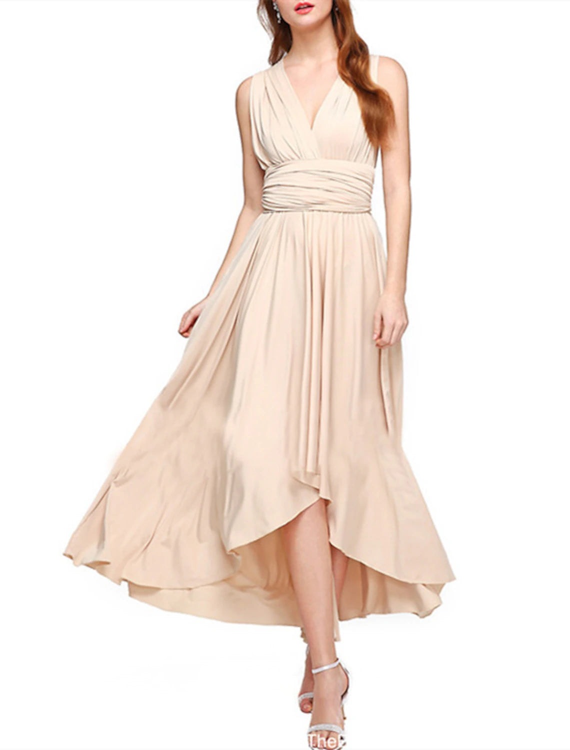 Champagne Chiffon A-Line High-Low Bridesmaid Dress with V-Neck and Ruched Bodice