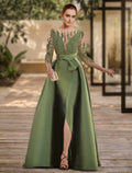Olive Green Satin A-Line Evening Dress with Illusion Neck & Embroidered Sleeves