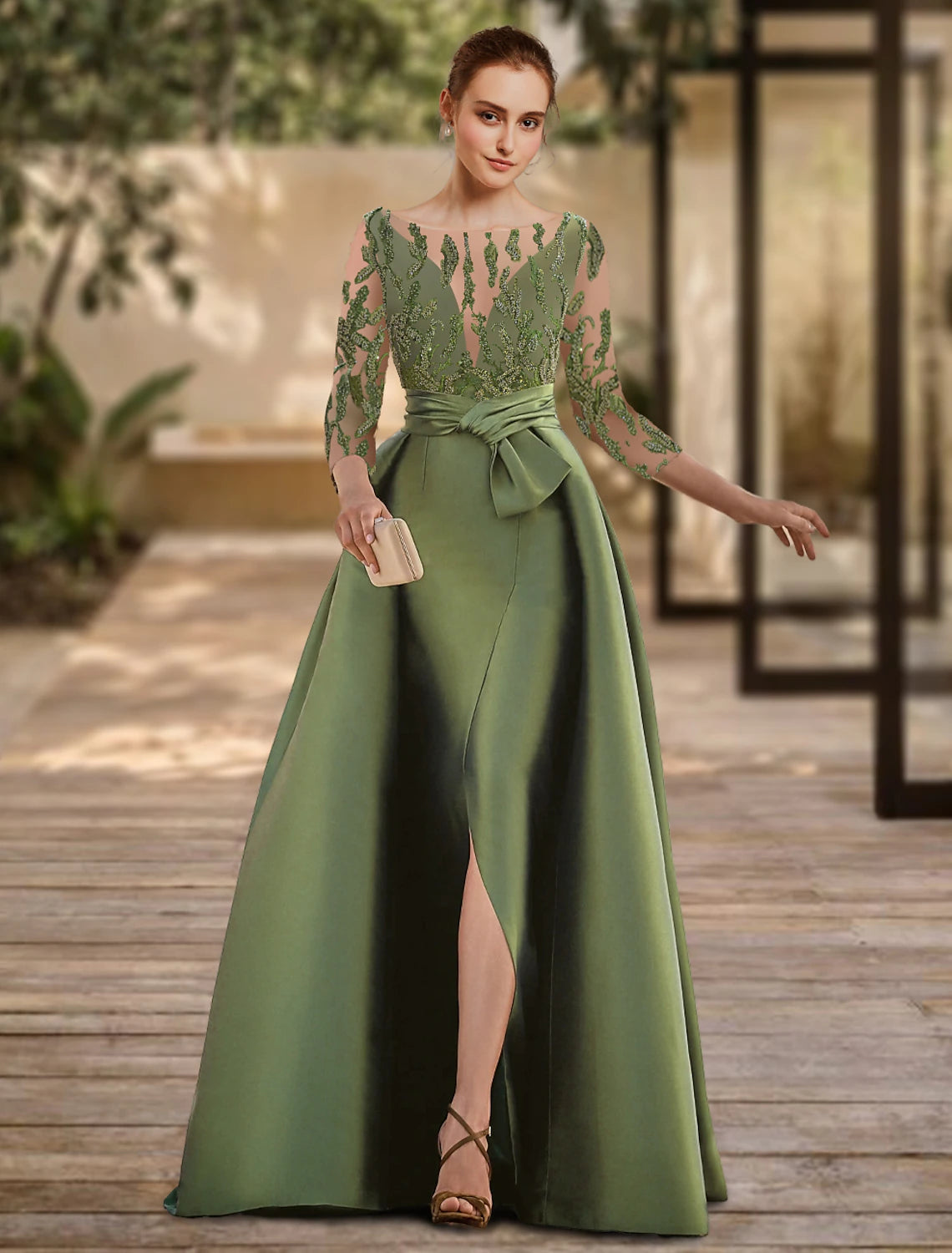 Olive Green Satin A-Line Evening Dress with Illusion Neck & Embroidered Sleeves