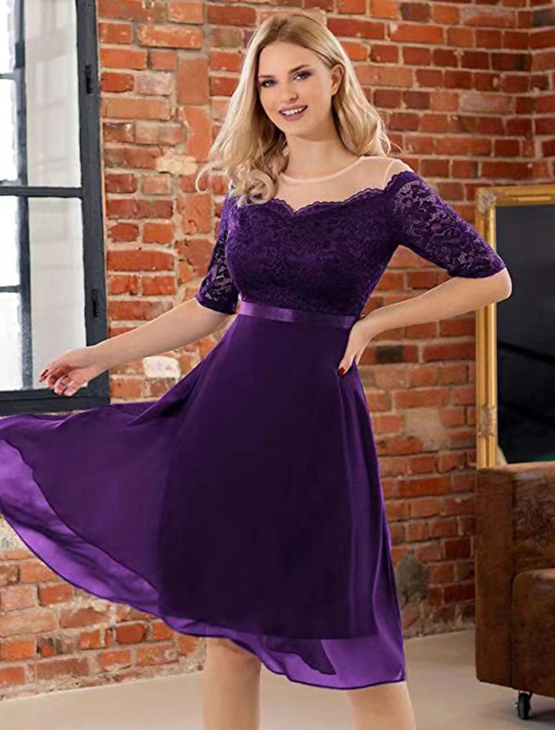Burgundy Lace Illusion Neck A-Line Knee-Length Dress