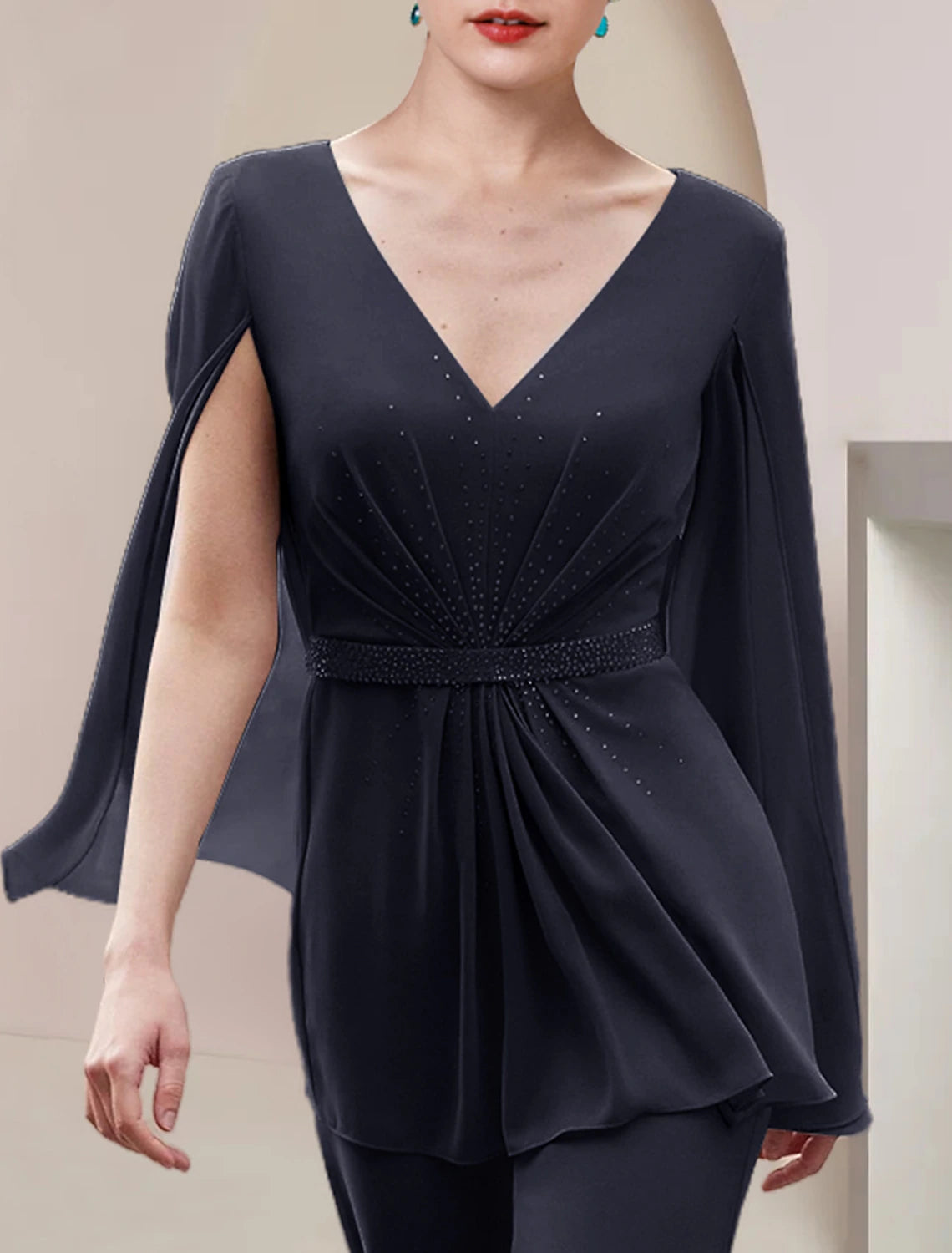 Vestido de dos piezas para madre de la novia, elegante, con escote en V, largo hasta el suelo, de gasa, sin mangas, con pliegues y lentejuelas