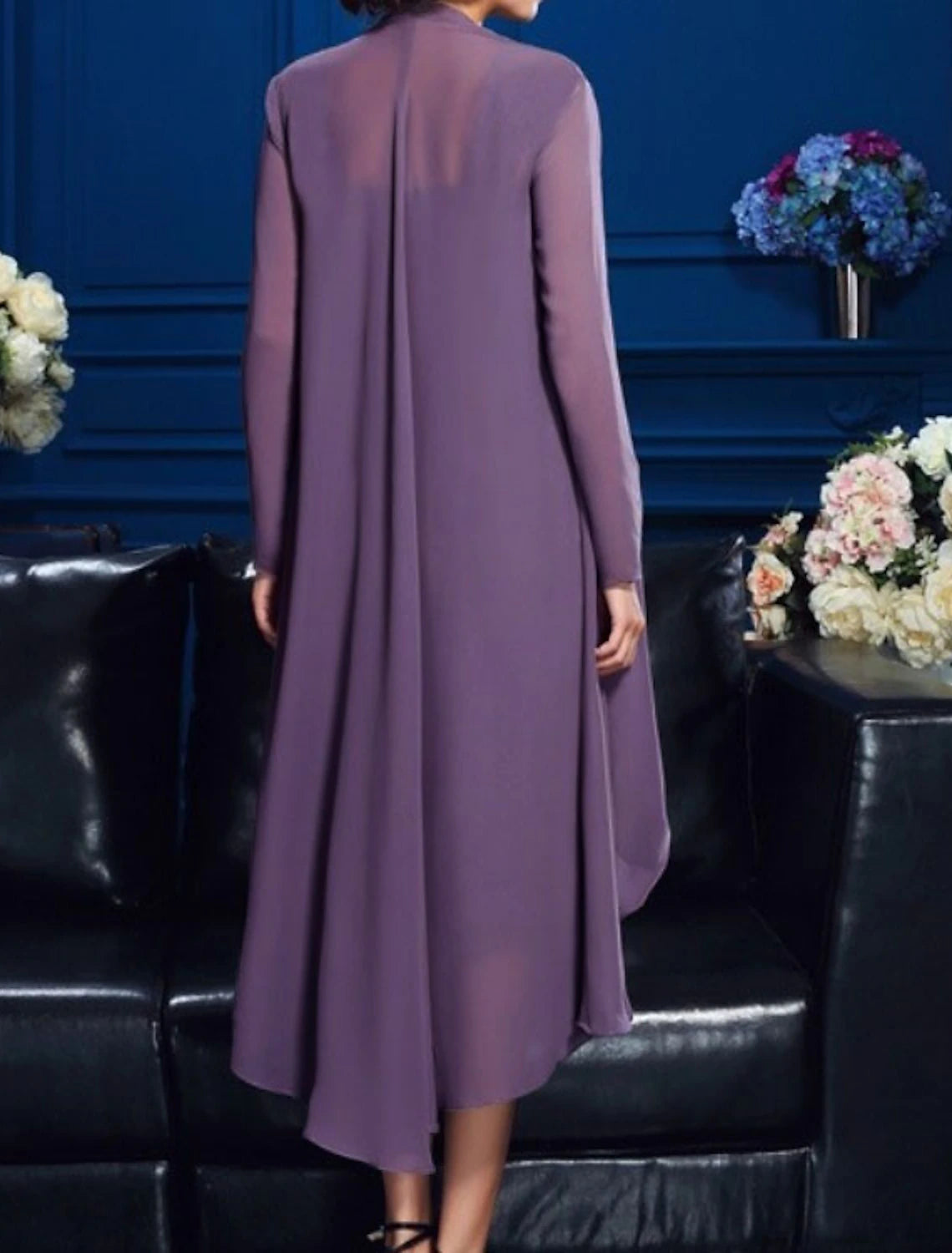 Vestido de dos piezas para madre de la novia, elegante, estilo iglesia, con escote joya, largo hasta la rodilla, de gasa, con encaje, manga larga, chaqueta y apliques