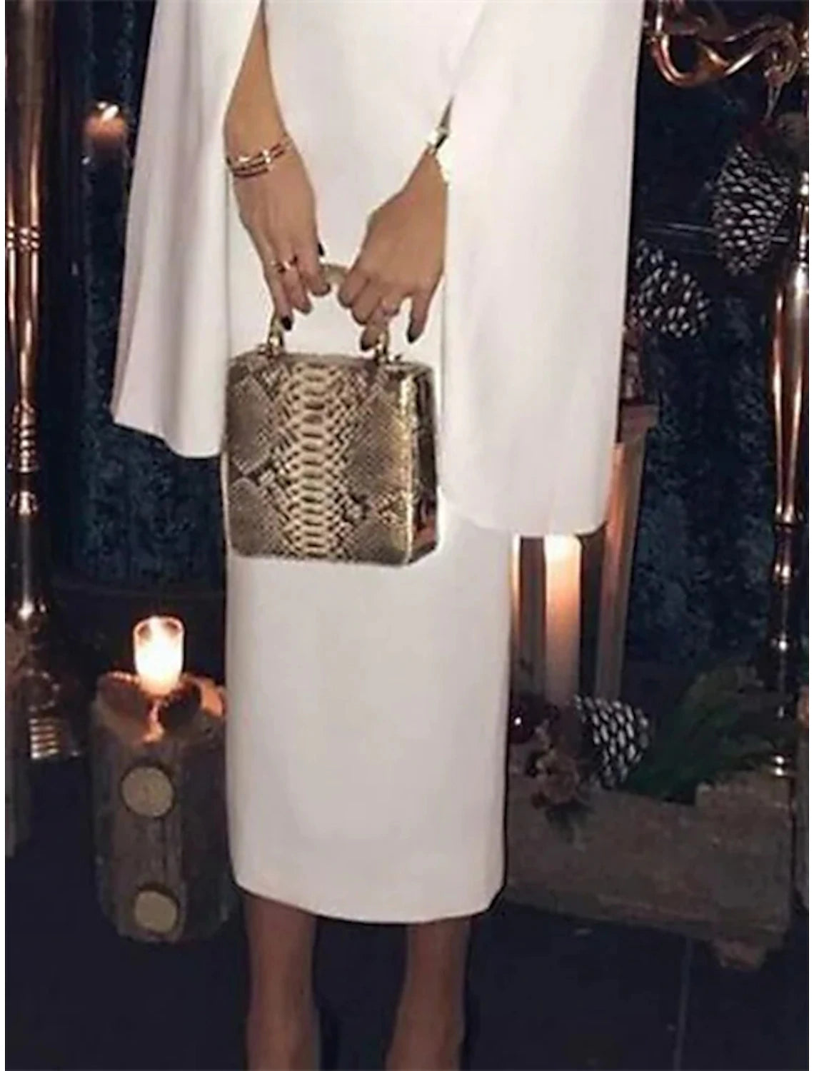 Abiti da sposa a tubino / colonna, con schiena scoperta, abiti da festa, lunghezza tè, maniche lunghe, scollo gioiello, ricevimento di nozze autunnale, in raso, senza schienale, colore puro