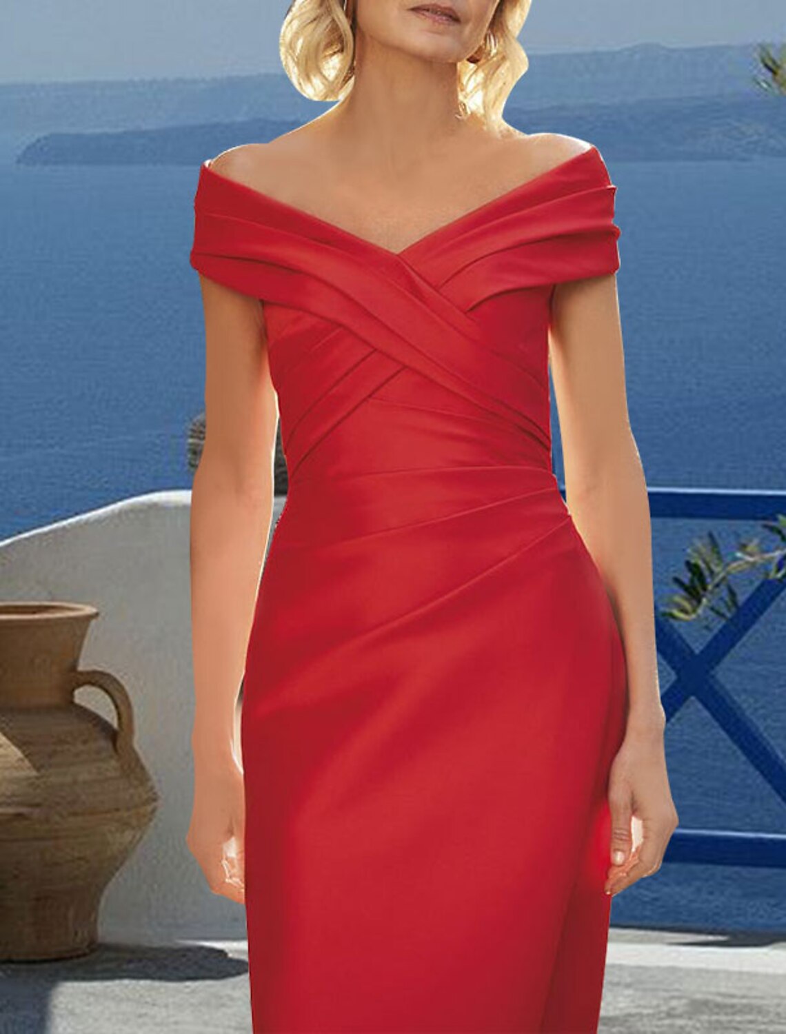 Vestido de cóctel elegante con corte tubo/columna, para invitada de boda, para trabajo, largo hasta la rodilla, manga corta, hombros descubiertos, tela con apliques 2025