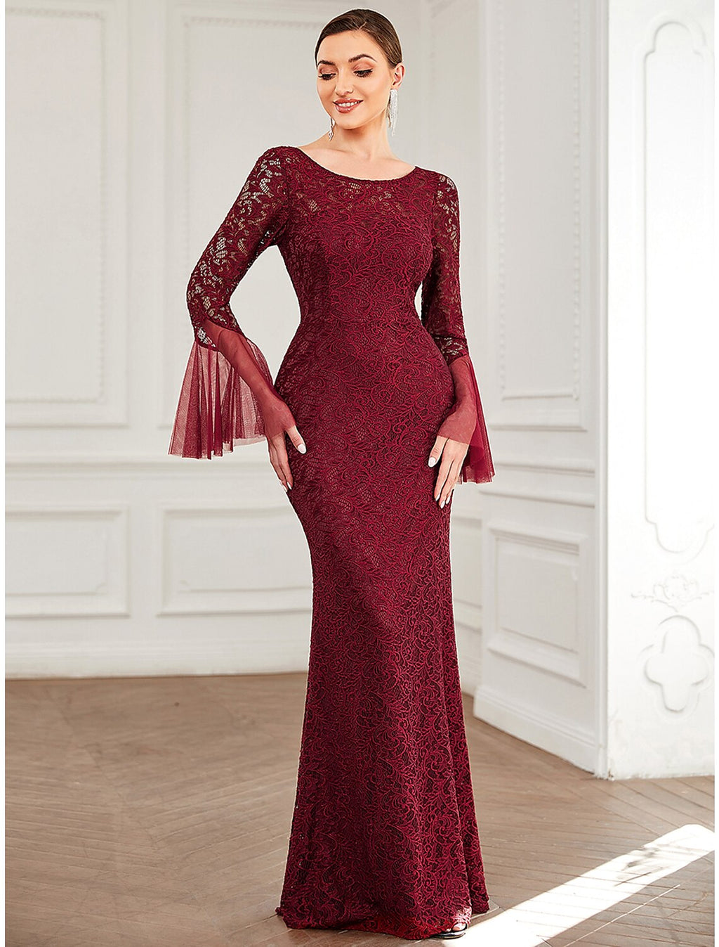 Vestido de sirena/trompeta para madre de la novia, elegante, sexy, con cuello joya, largo hasta el suelo, de encaje, manga larga, con color sólido