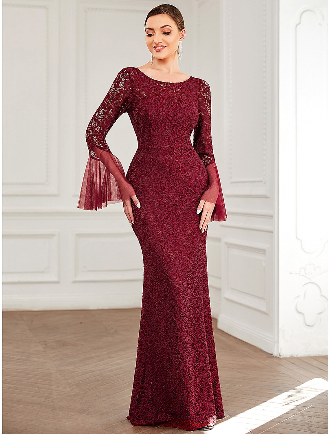 Vestido de sirena/trompeta para madre de la novia, elegante, sexy, con cuello joya, largo hasta el suelo, de encaje, manga larga, con color sólido