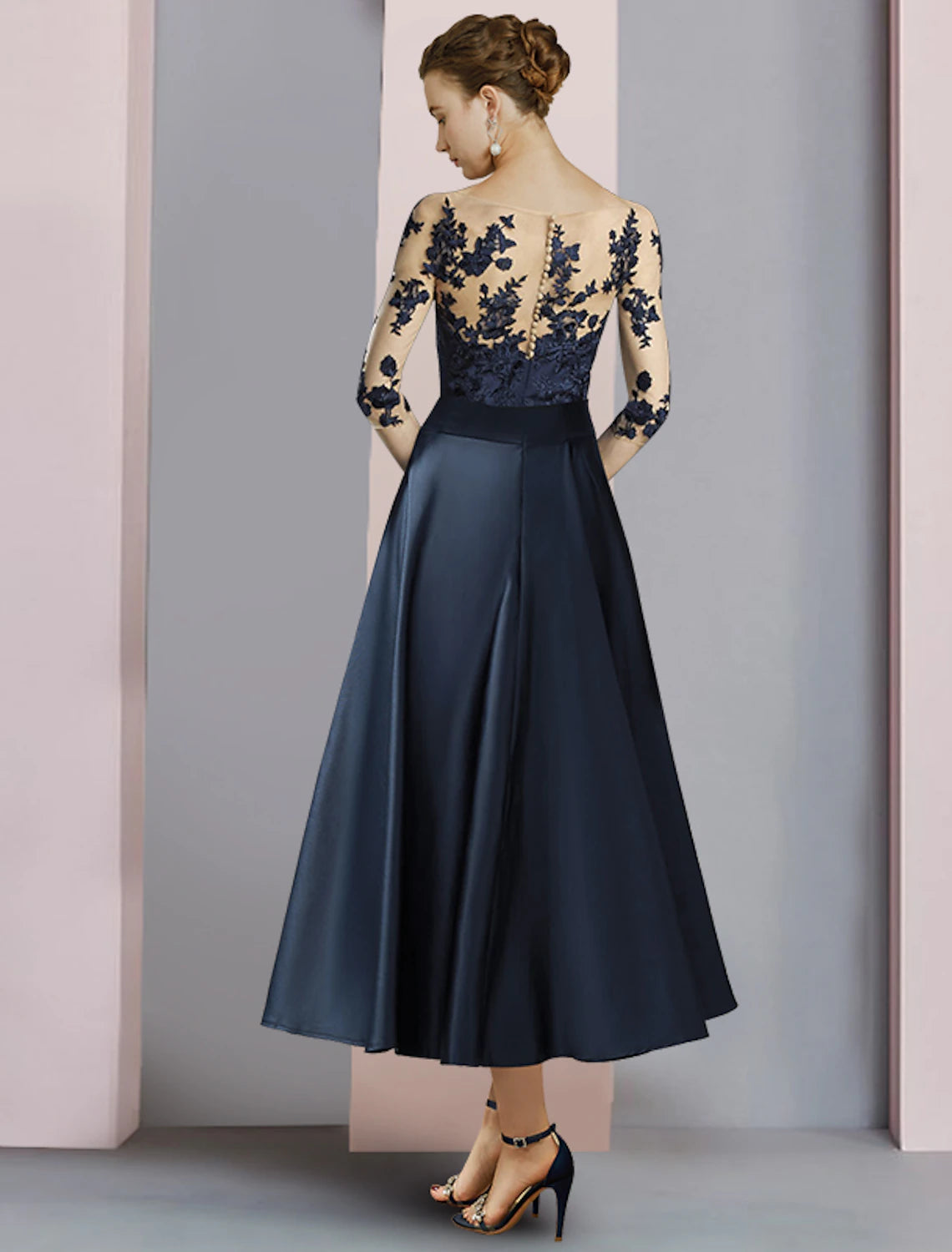 Dark Navy Satin A-Line Tea-Length Dress with Illusion Lace Bodice and Bow Waist