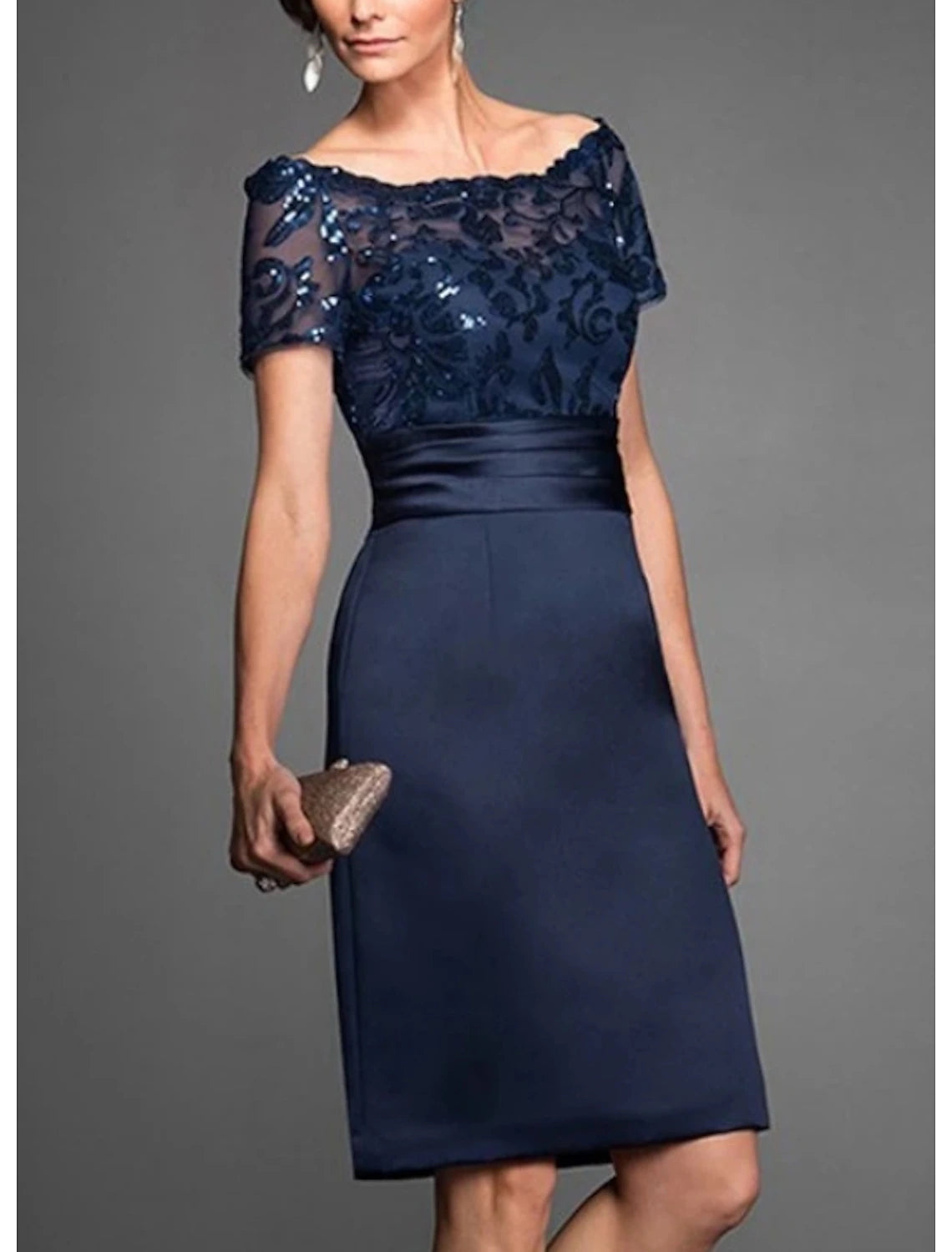 Dark Navy Sequined Lace Off-the-Shoulder Sheath Knee-Length Evening Dress