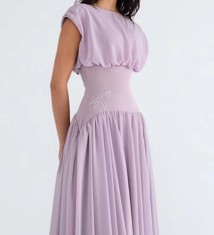 Wisteria Chiffon A-line Boat Neck High Back Floor Length Dress Detail - Jimiss