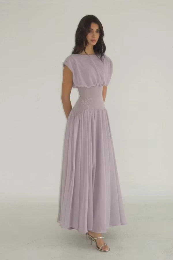 Wisteria Chiffon A-line Boat Neck High Back Floor Length Dress Front View - Jimiss
