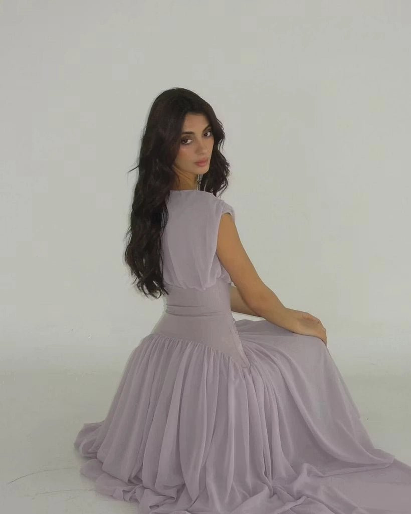 Wisteria Chiffon A-line Boat Neck High Back Floor Length Dress Front View - Jimiss