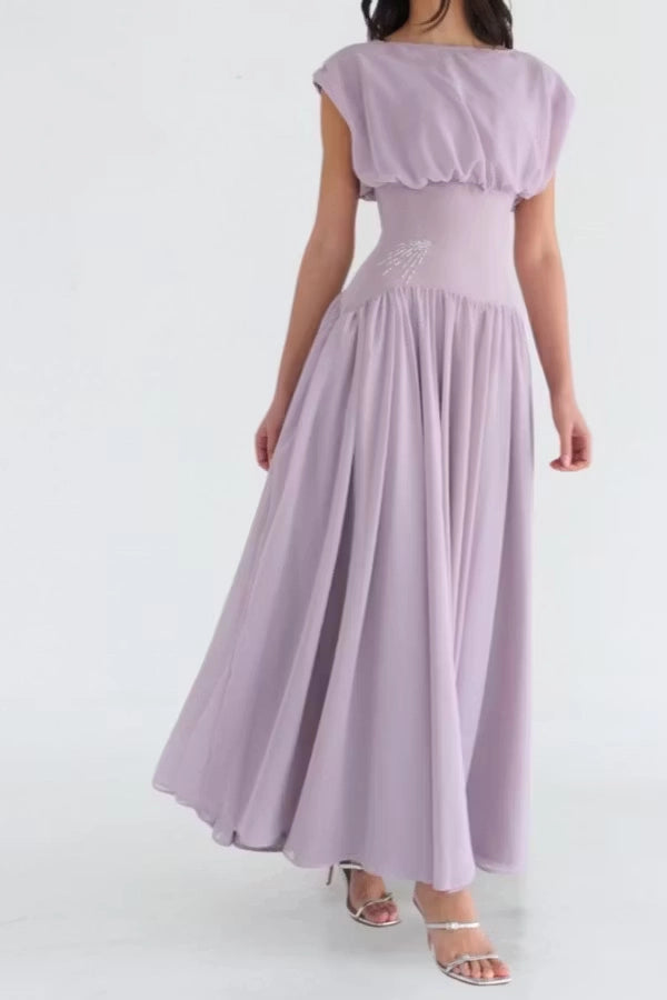 Wisteria Chiffon A-line Boat Neck High Back Floor Length Dress Front View - Jimiss