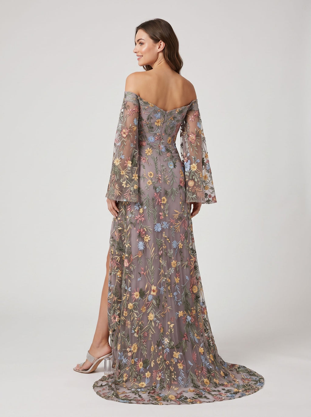 Wisteria Mesh a-line off-the-shoulder zipper-back floor-length Dress Back View - Jimiss