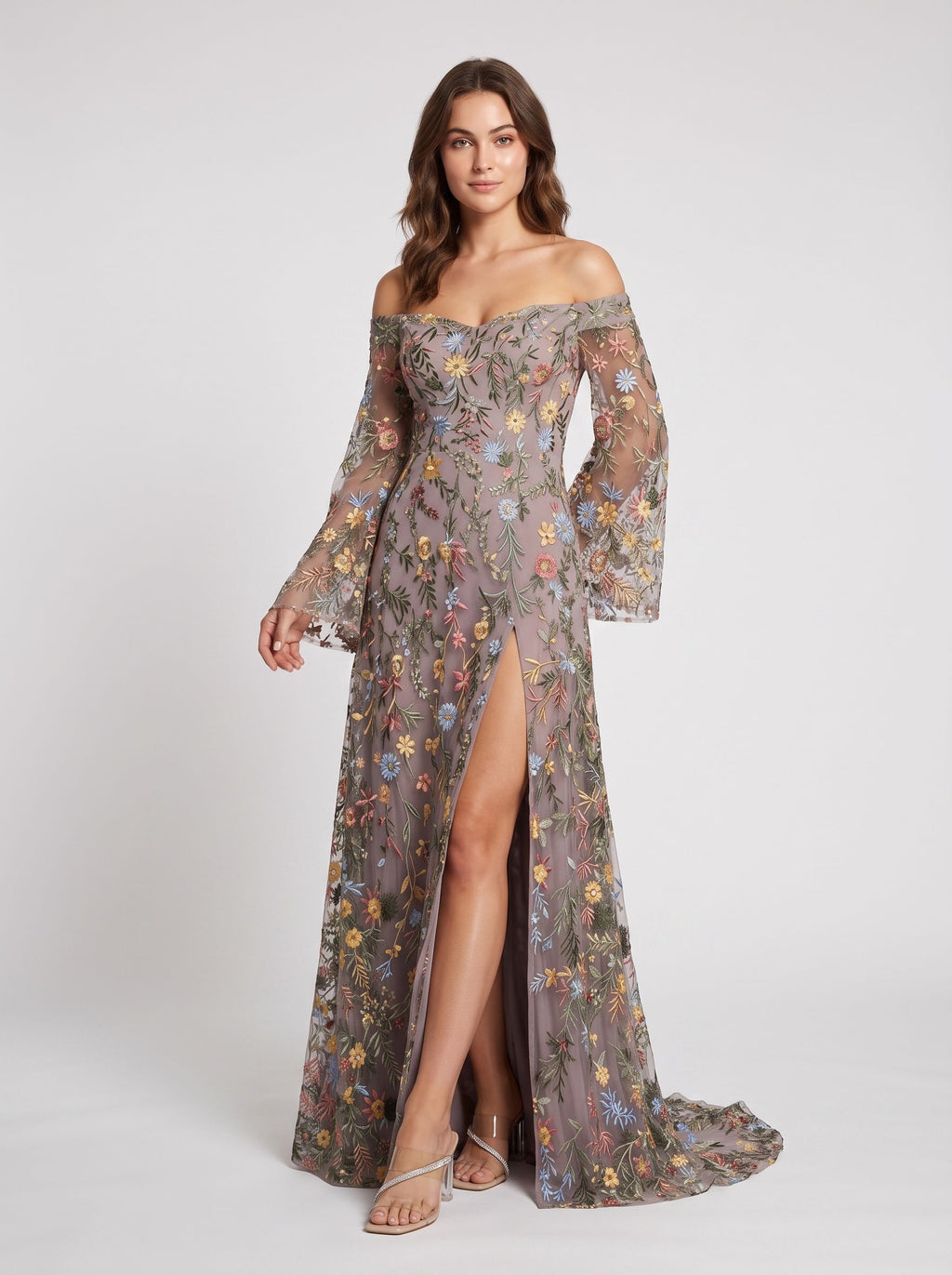 Wisteria Mesh a-line off-the-shoulder zipper-back floor-length Dress - Jimiss