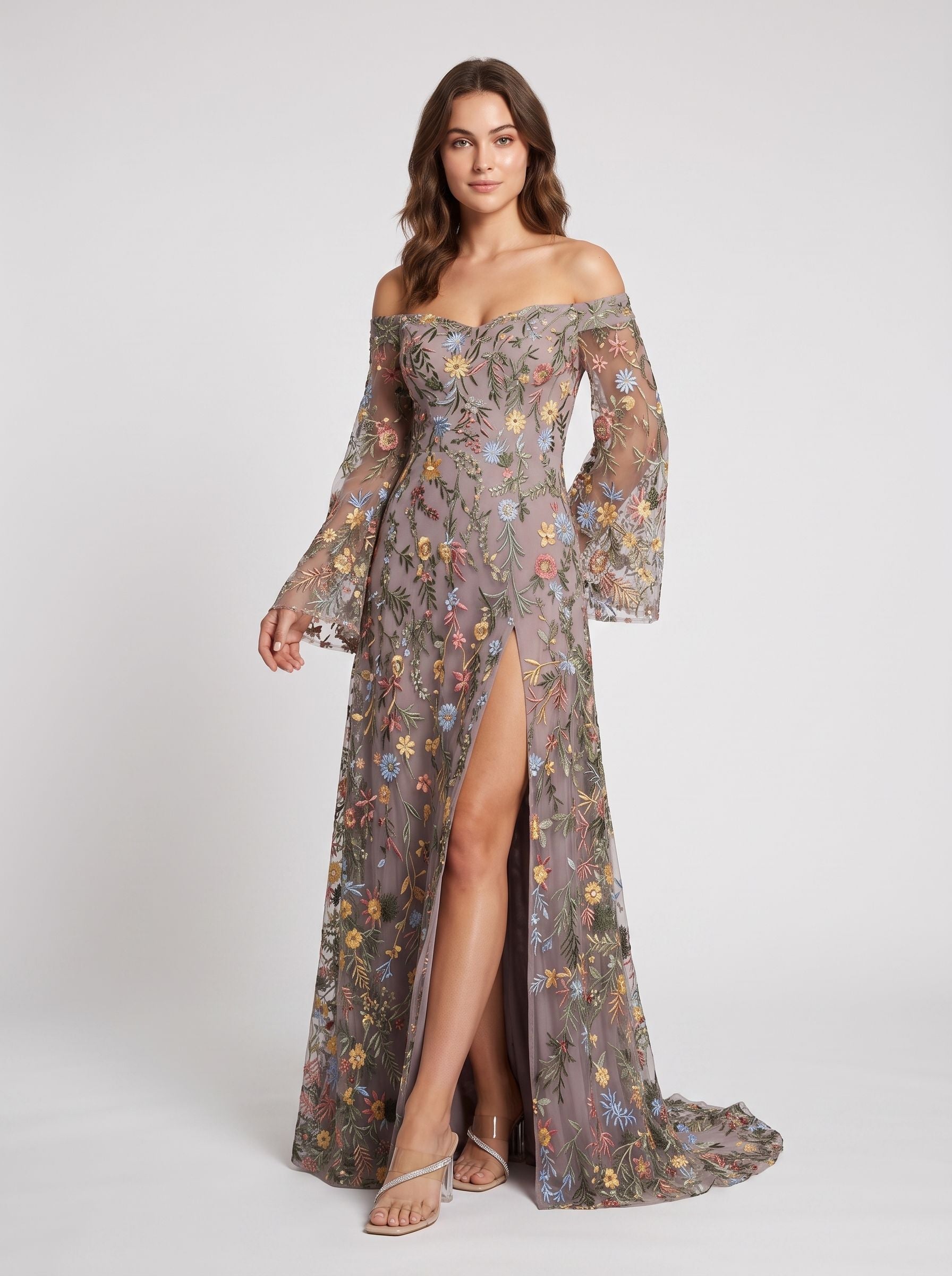 Wisteria Mesh a-line off-the-shoulder zipper-back floor-length Dress - Jimiss