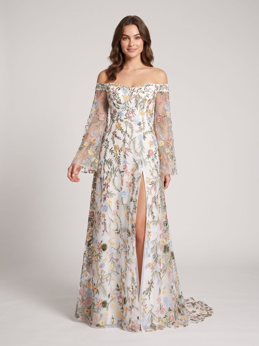 Wisteria Mesh a-line off-the-shoulder zipper-back floor-length Dress - Jimiss