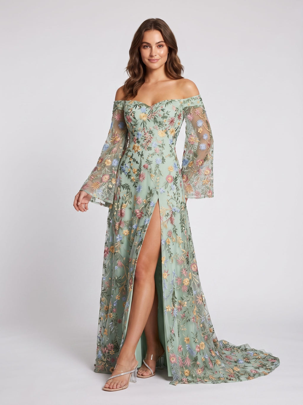 Wisteria Mesh a-line off-the-shoulder zipper-back floor-length Dress - Jimiss