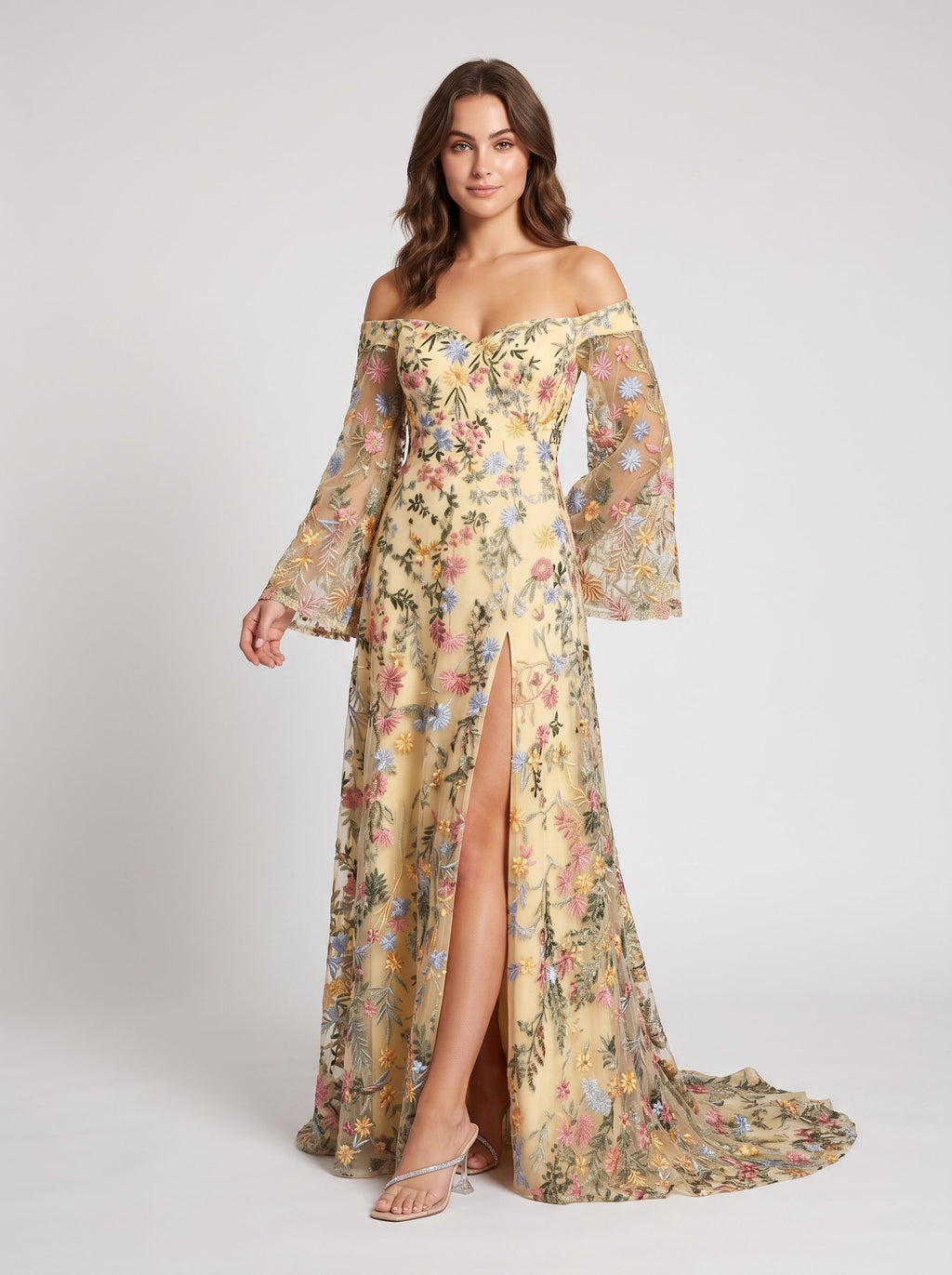 Wisteria Mesh a-line off-the-shoulder zipper-back floor-length Dress - Jimiss