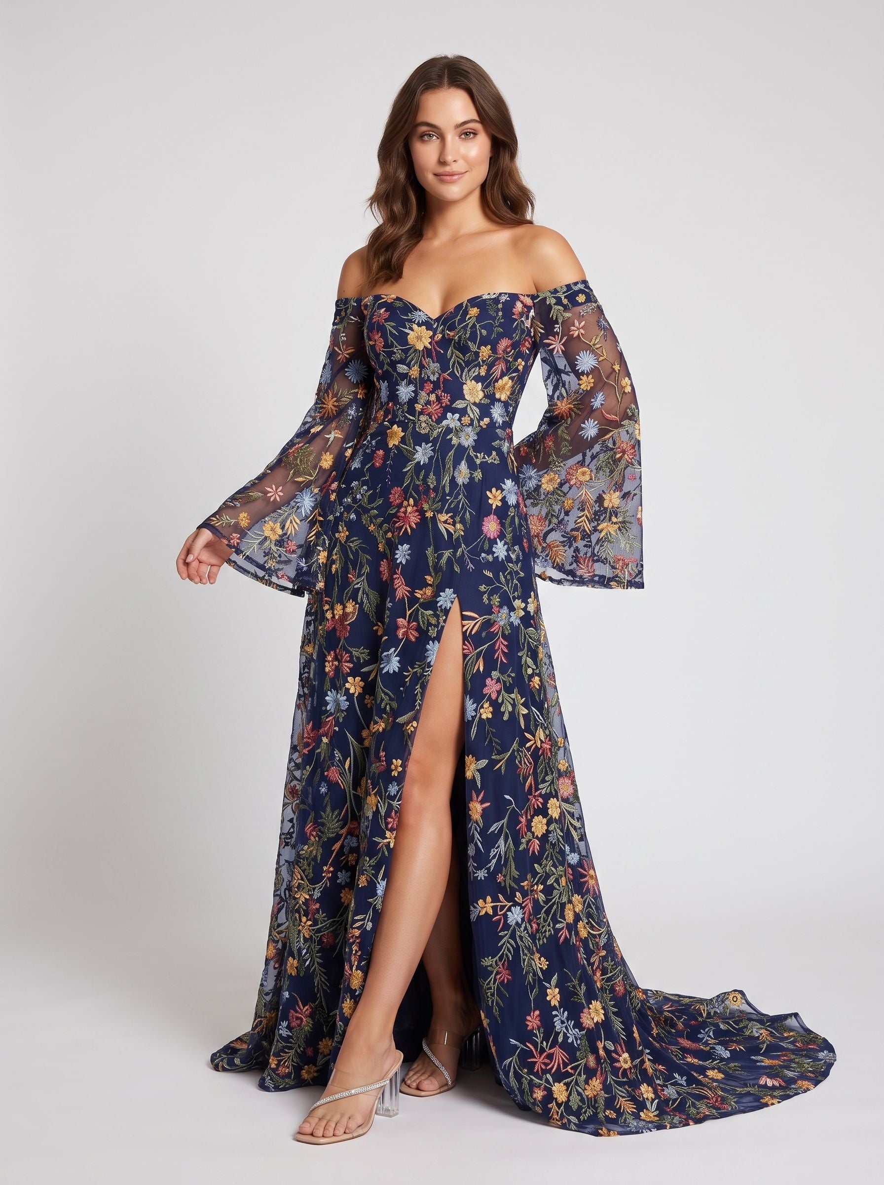 Wisteria Mesh a-line off-the-shoulder zipper-back floor-length Dress - Jimiss