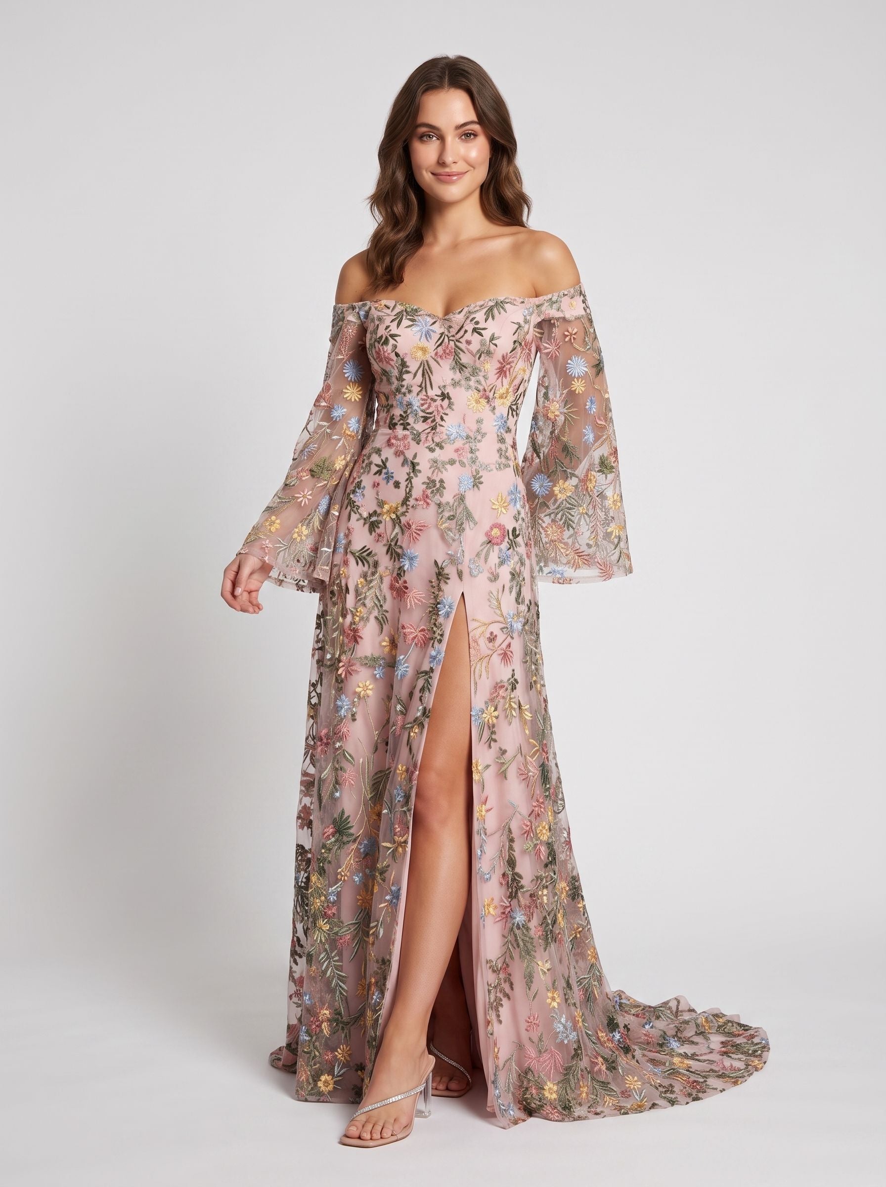 Wisteria Mesh a-line off-the-shoulder zipper-back floor-length Dress - Jimiss