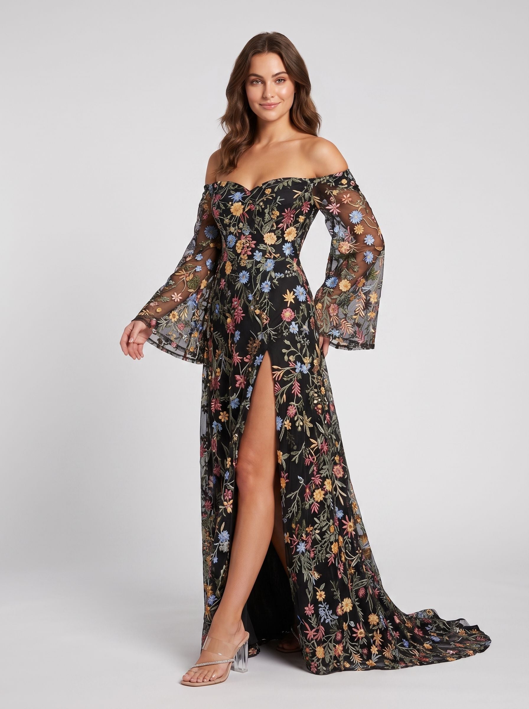 Wisteria Mesh a-line off-the-shoulder zipper-back floor-length Dress - Jimiss