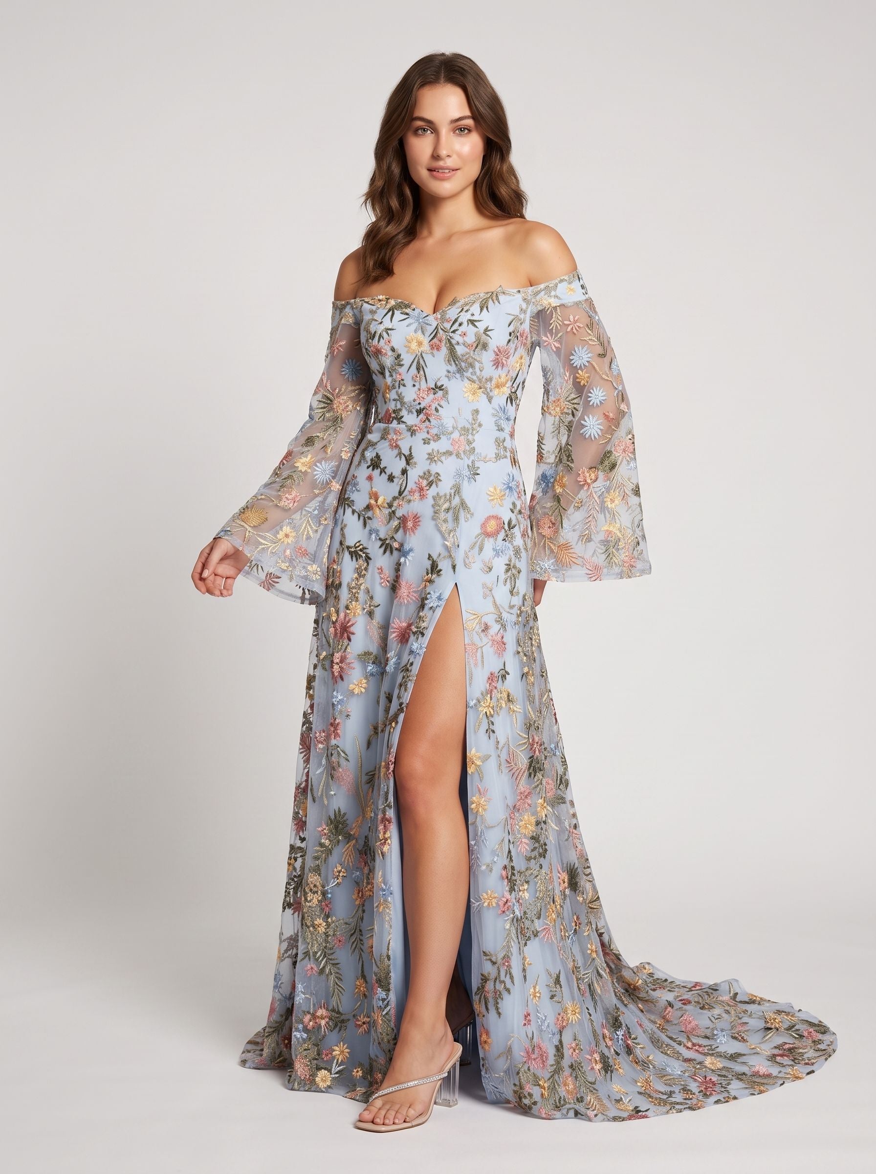 Wisteria Mesh a-line off-the-shoulder zipper-back floor-length Dress - Jimiss