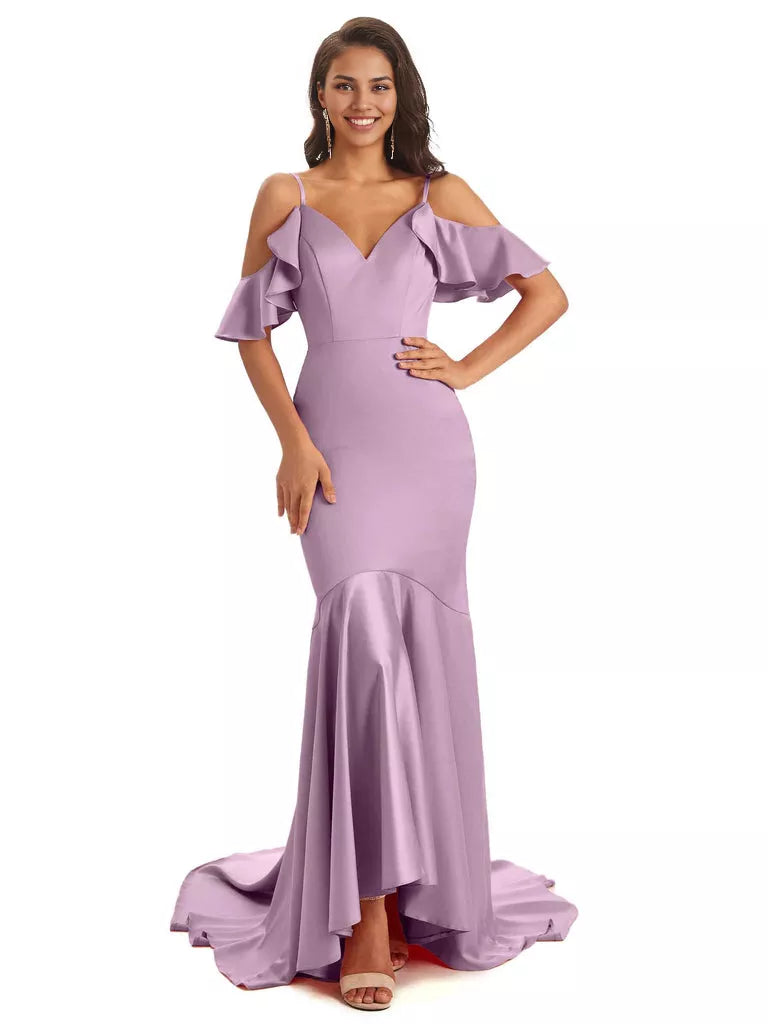 Soft Satin Asymmetric Spaghetti Straps Sleeveless Mermaid Cold Shoulder Bridesmaid Dresses