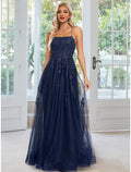 Dark Navy Tulle A-Line Floor-Length Sweetheart Backless Bridesmaid Dress with Lace & Sequins