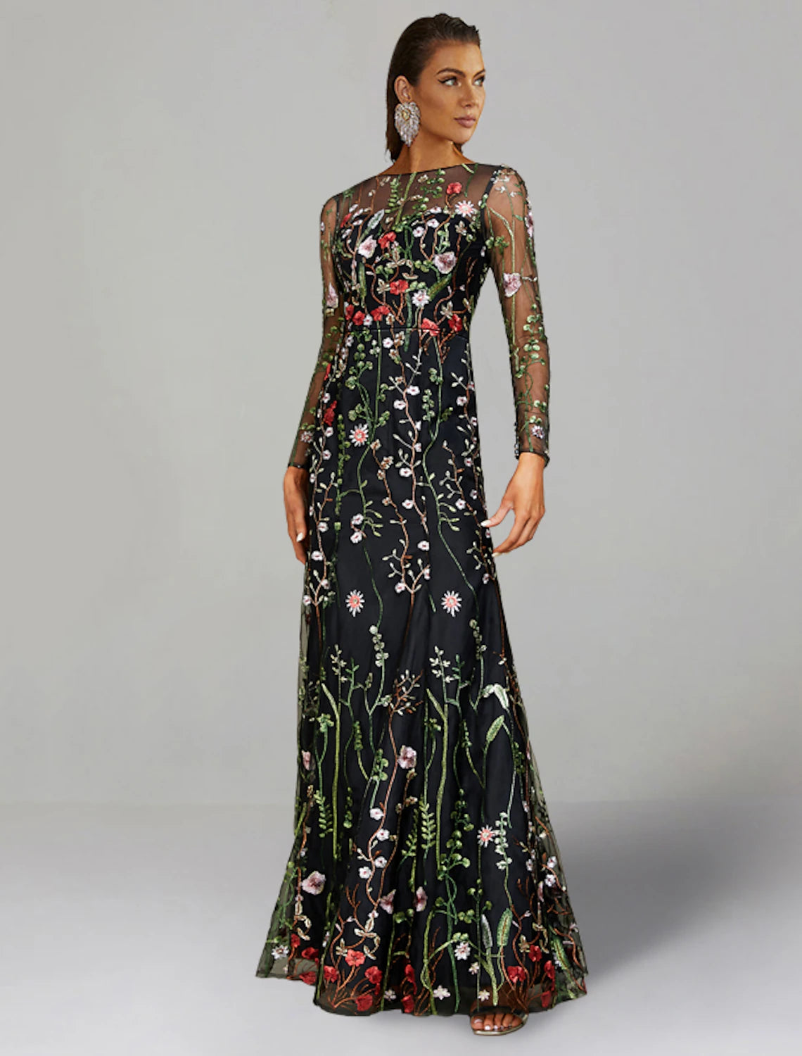 Vestido de novia con corte tubo/columna, floral, semiformal, para fiesta en el jardín, largo hasta el suelo, manga larga, cuello joya, para otoño, para invitados de boda, tul con bordado