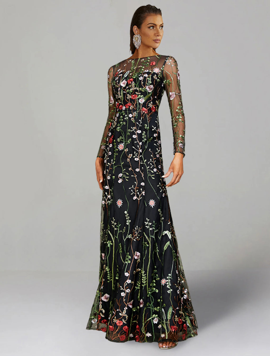 Black A-Line Floor-Length Gown with Sheer Floral Embroidery