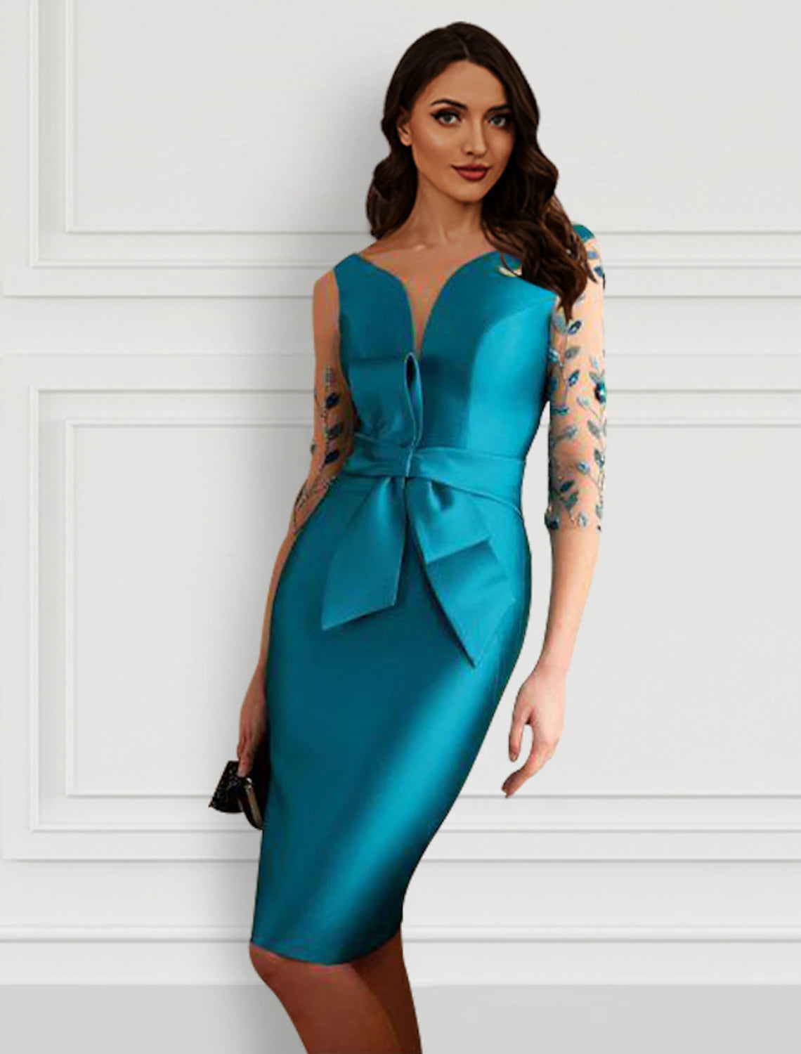 Teal Satin Sheath/column Knee-Length Evening Dress with Embellished Illusion Sleeves