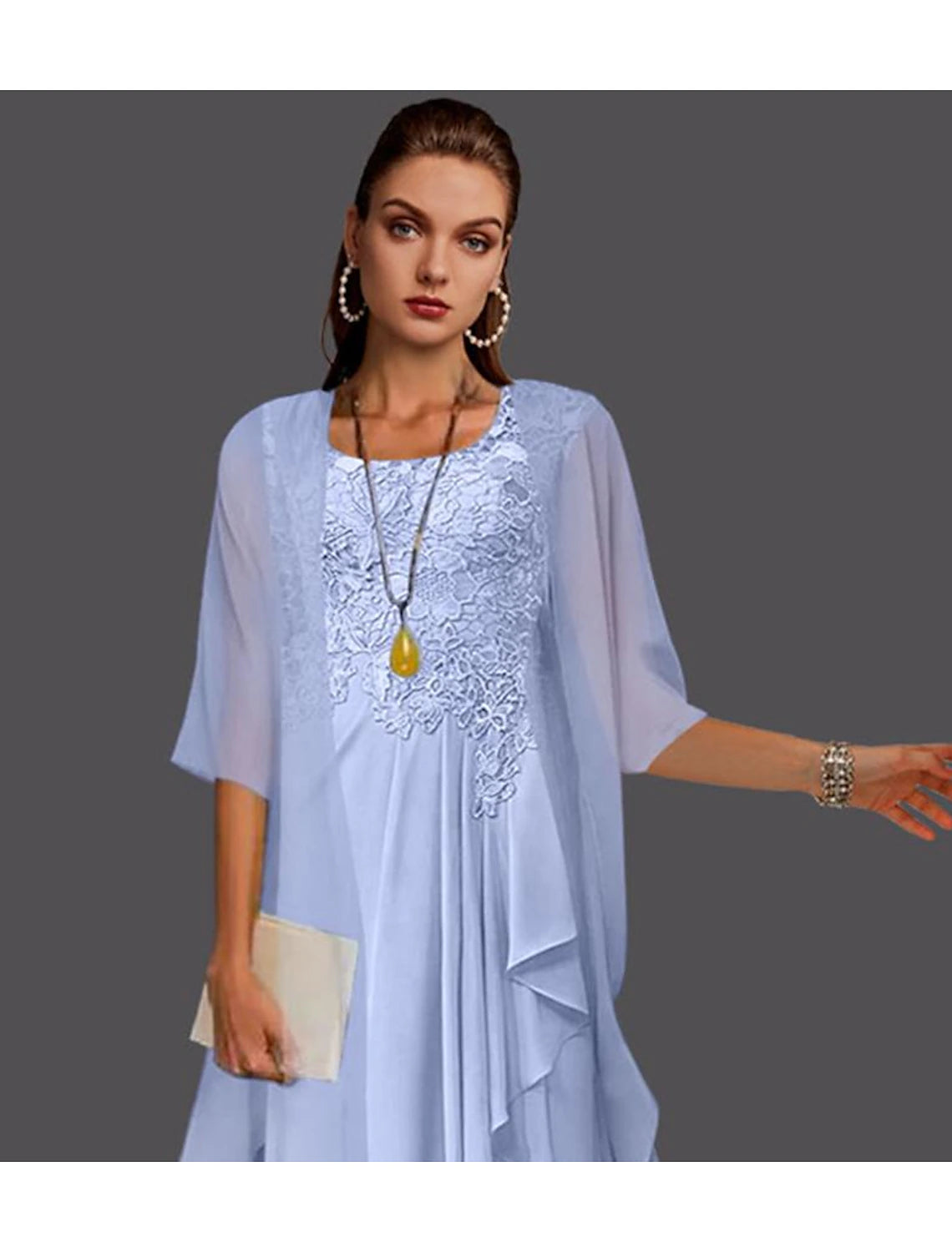 Abito da sposa a trapezio in due pezzi per la madre della sposa, elegante, a maniche lunghe, con scollo a barchetta, lunghezza al ginocchio, in pizzo e chiffon, con applicazioni di pieghe Jakcet