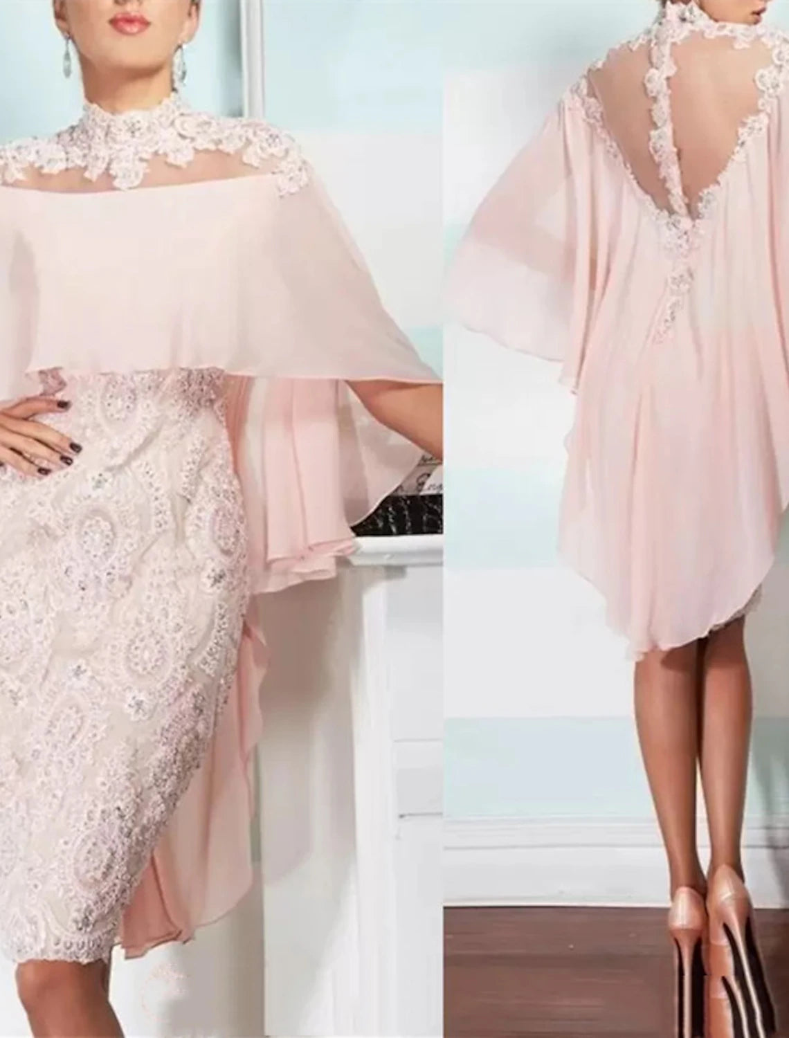 Mermaid / Trumpet Cocktail Dresses Luxurious Kentucky Derby Dress Party Wear Knee Length Sleeveless High Neck Chiffon with Beading Appliques