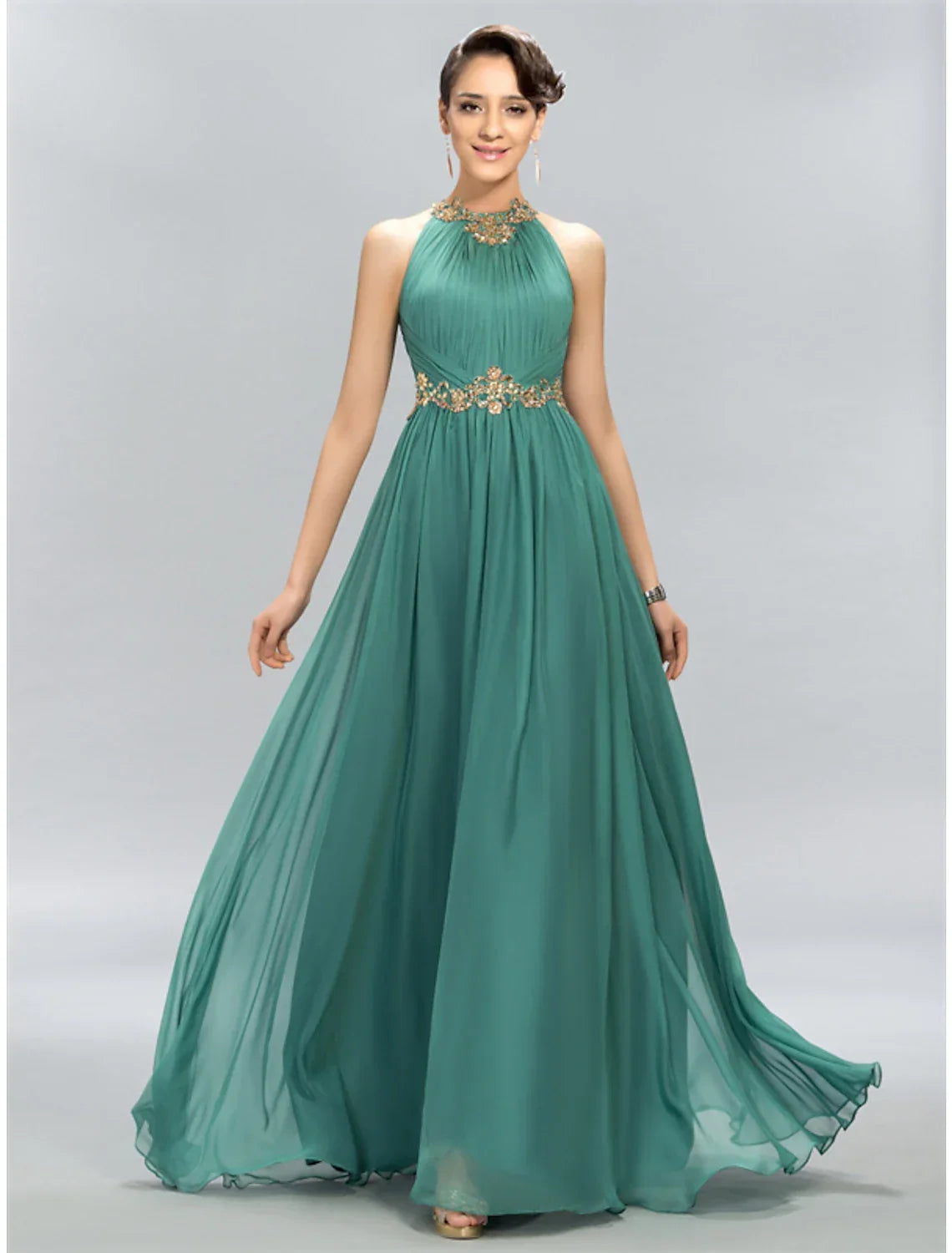 Royal Blue Halter Neck A-Line Chiffon Evening Dress