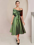 Olive Green Satin Off-the-Shoulder Tea-Length Dress