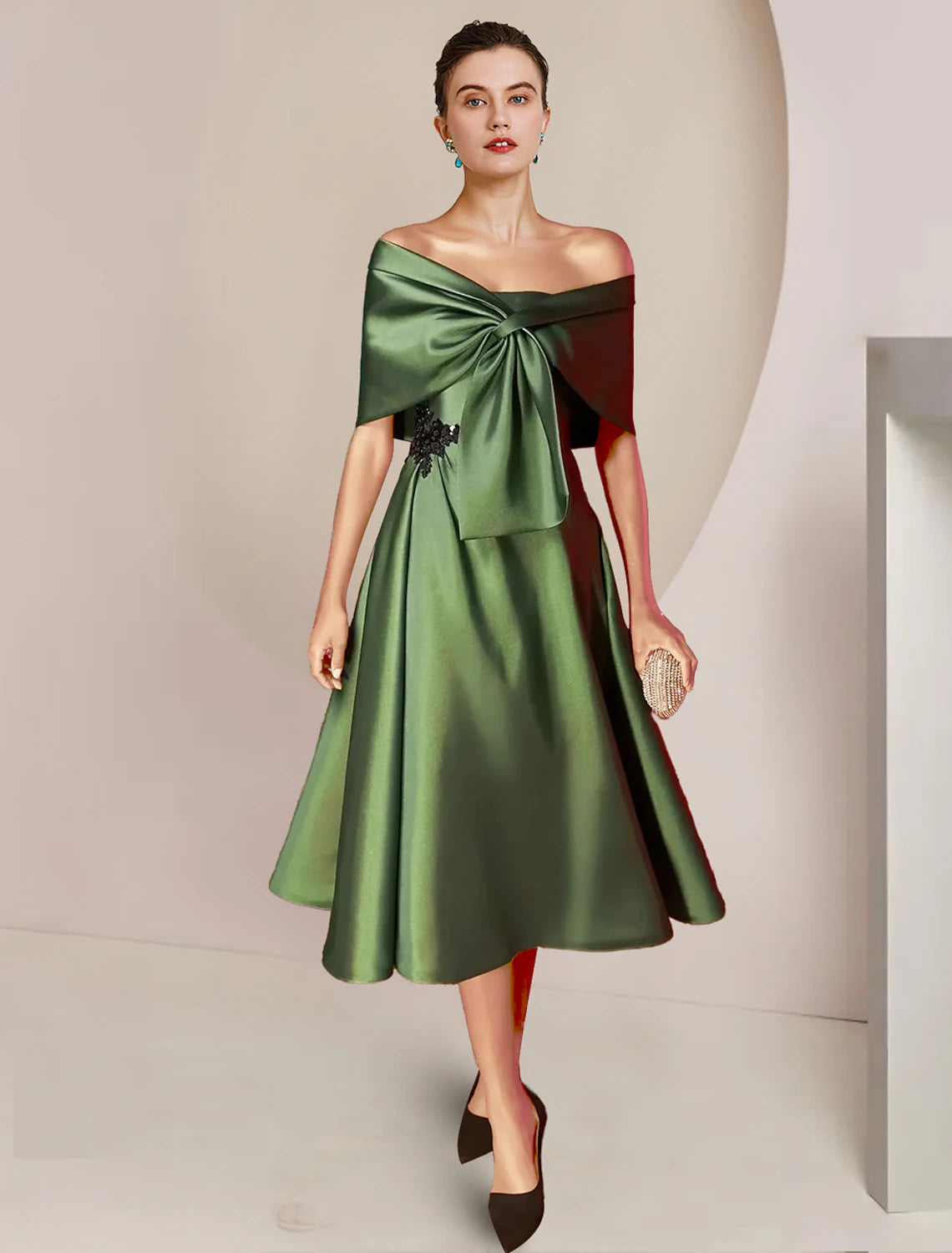 Olive Green Satin Off-the-Shoulder Tea-Length Dress