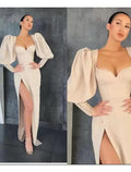 Ivory Crepe Sweetheart Sheath/Column Floor-Length Dress with Puff Sleeves