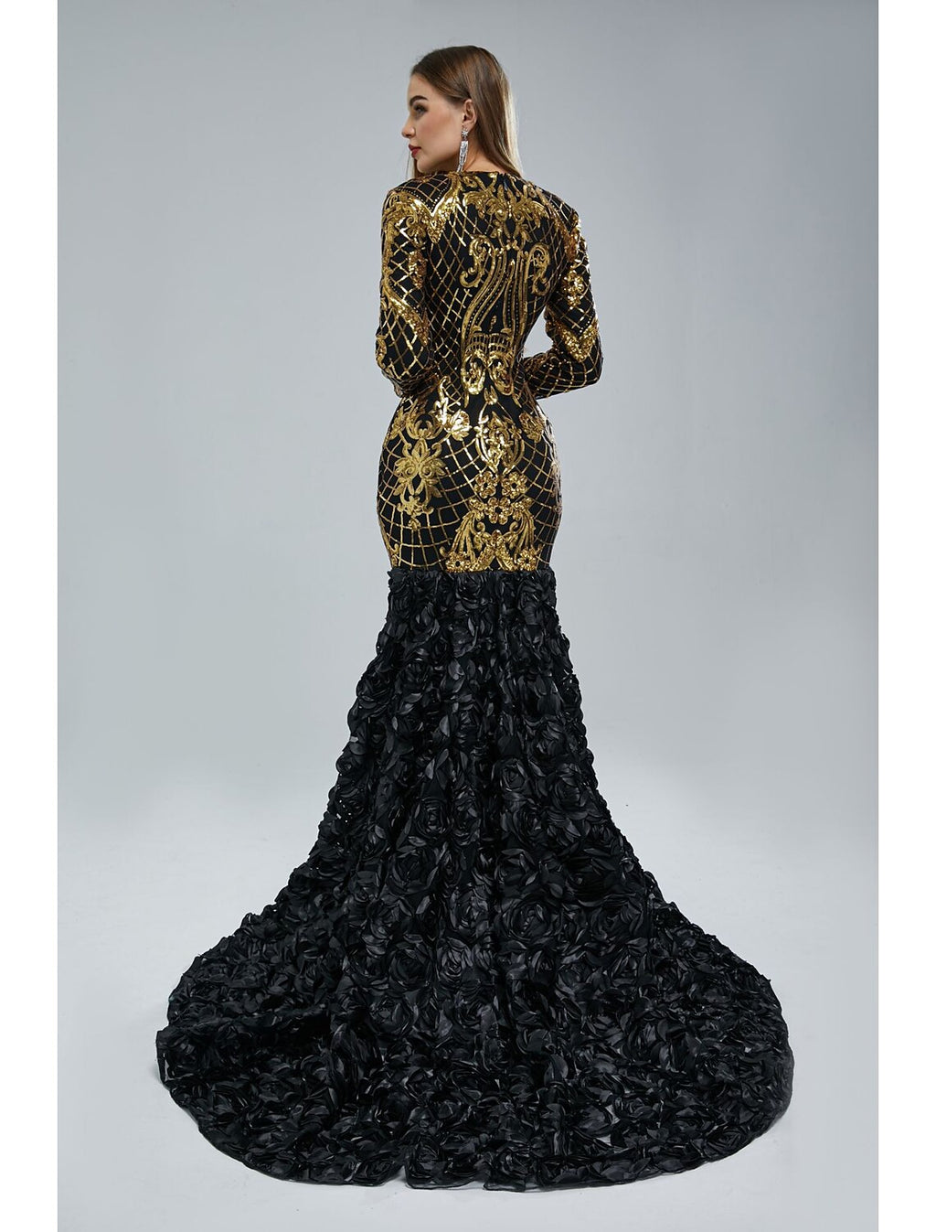 Black Sequin Mermaid V-Neck Floor-Length Evening Dress with Gold Bodice & 3D Floral Skirt