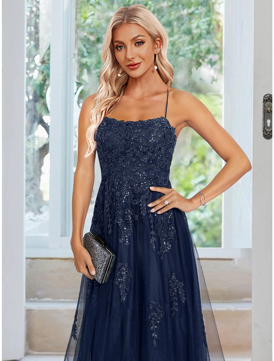 Abito da sera a trapezio, a tubino/colonna, floreale, per invitati a nozze formali, lungo fino al pavimento, senza maniche, con spalline sottili, in tulle con applicazioni di paillettes