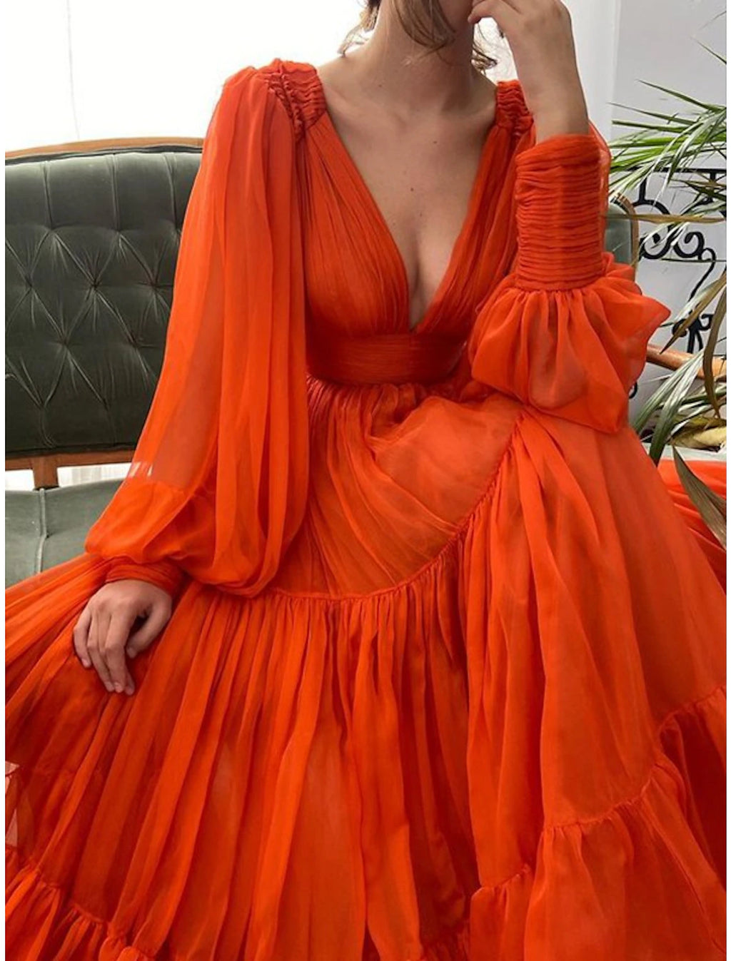 Orange Chiffon A-Line Floor-Length Evening Dress with Voluminous Puff Sleeves and Tiered Skirt
