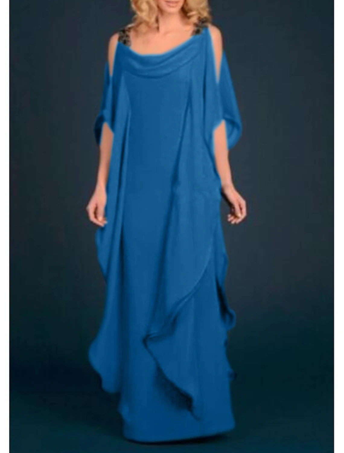 Royal Blue Chiffon A-Line Floor-Length Evening Dress with Cowl Neck & Cold Shoulder Sleeves