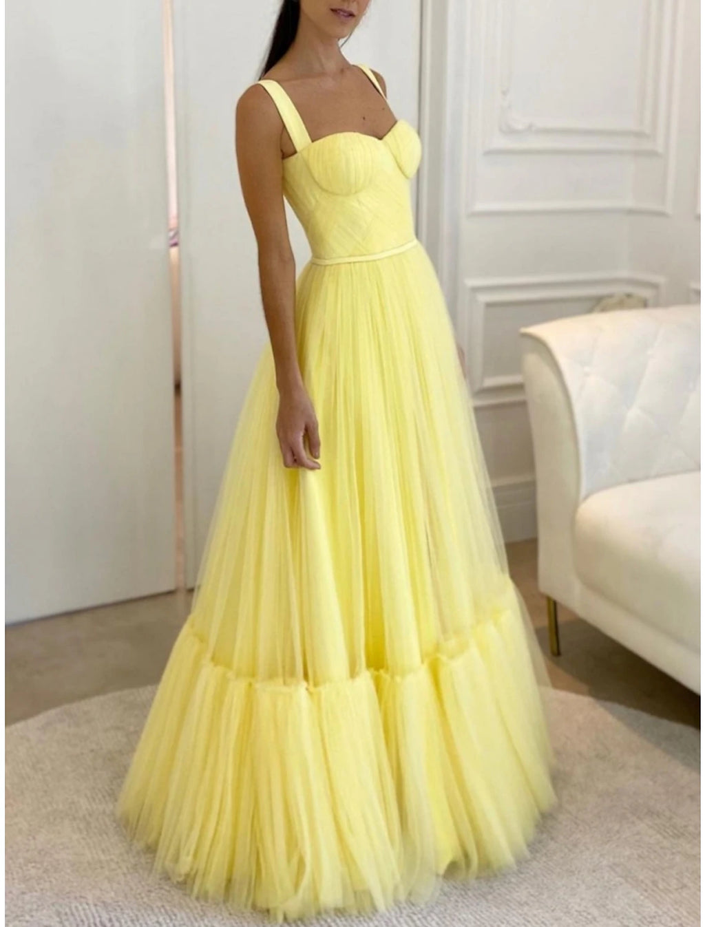 Vestido de noche elegante de corte A, formal, largo hasta el suelo, sin mangas, escote corazón, tul con pliegues