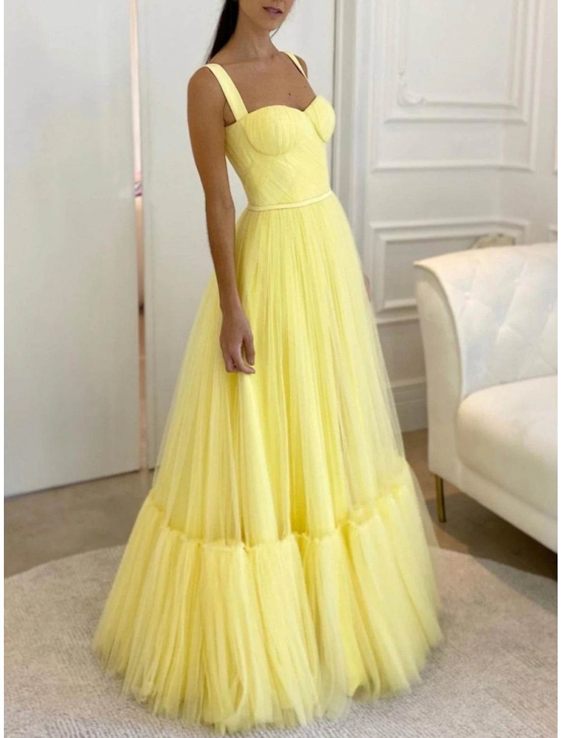 Vestido de noche elegante de corte A, formal, largo hasta el suelo, sin mangas, escote corazón, tul con pliegues