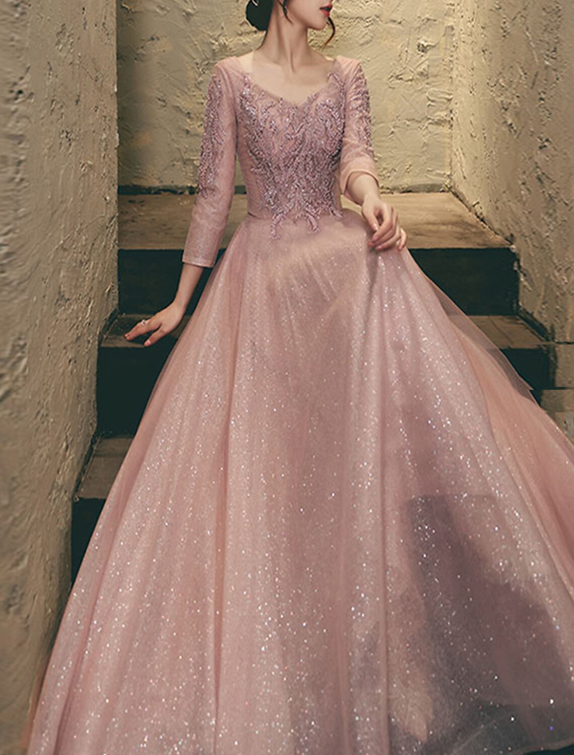 Abiti da ballo a trapezio, eleganti, da invitata a nozze, lunghi fino al pavimento, con maniche a 3/4, scollo a V, in pizzo con applicazioni