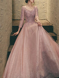Vestidos de fiesta de corte A, elegantes, para invitados de boda, para graduación, largo hasta el suelo, mangas 3/4, escote en V, encaje con apliques