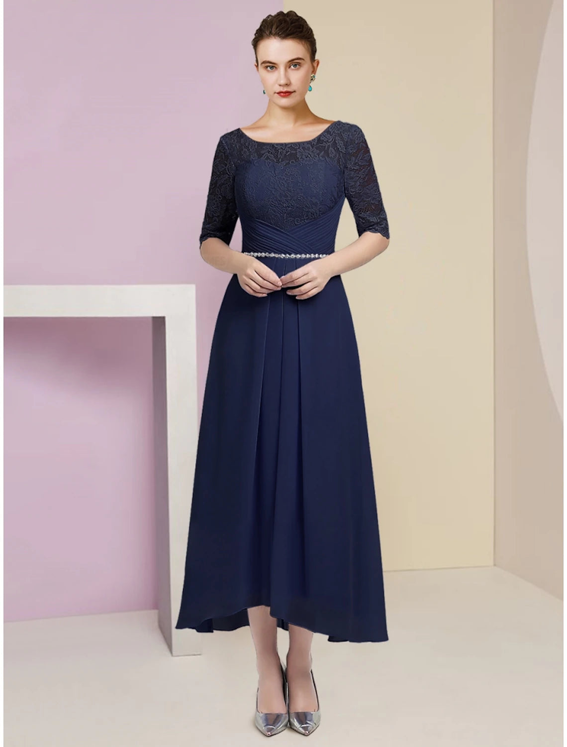 Dark Navy Chiffon Lace A-Line Tea-Length Dress with Scoop Neck and Beaded Belt
