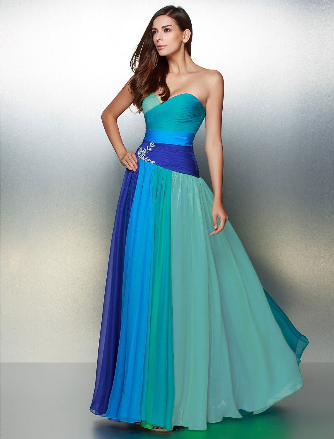 Blue Chiffon A-Line Floor-Length Evening Dress with Ruched Bodice and Draped Waistband