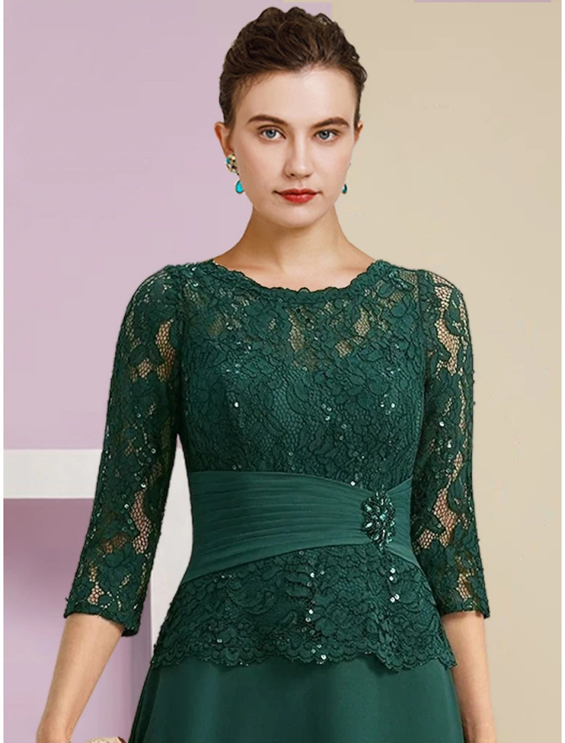 Forest Green Lace A-Line Floor-Length Evening Dress with Scoop Neck and Pleated Waistband
