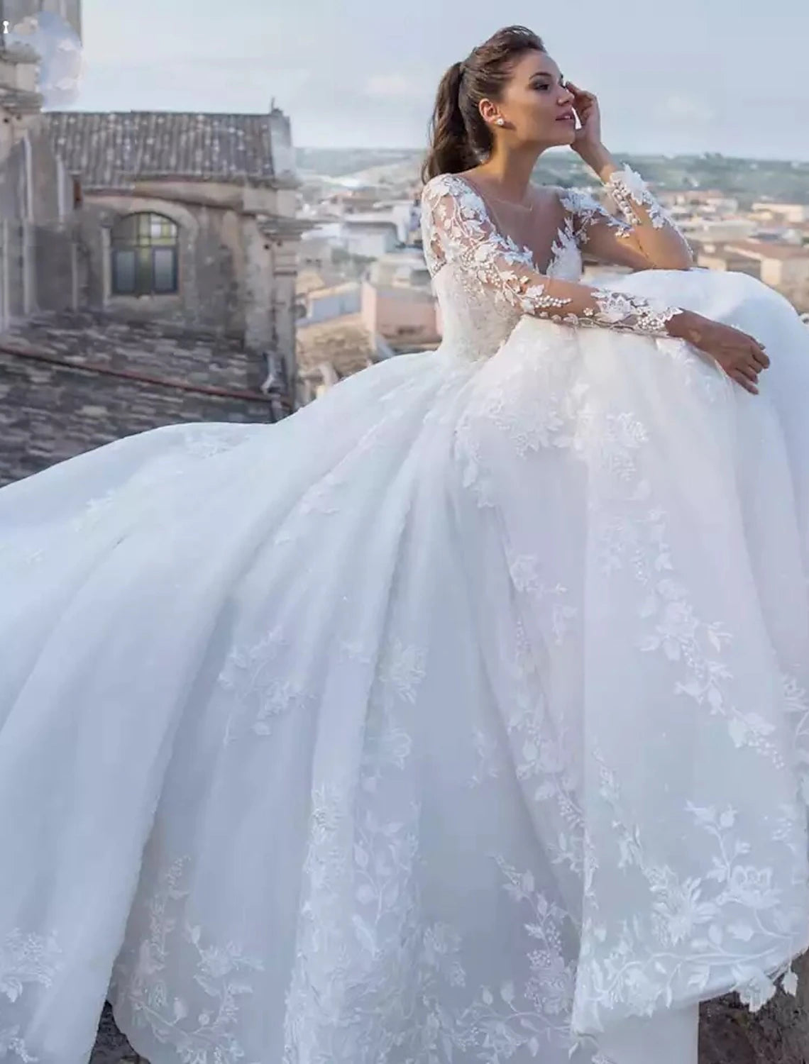 Vestidos de novia formales de otoño, sexys, con escote en V, manga larga, cola capilla, de encaje y apliques, para bodas de verano y fiestas, ropa para mujer