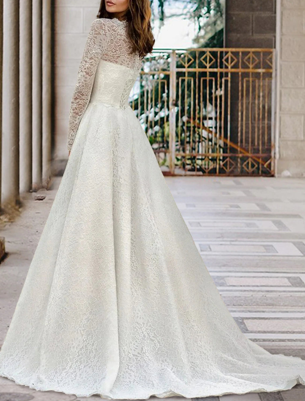 Ivory Lace A-Line Floor-Length Dress with Boat Neck and Long Sleeves - Jimiss